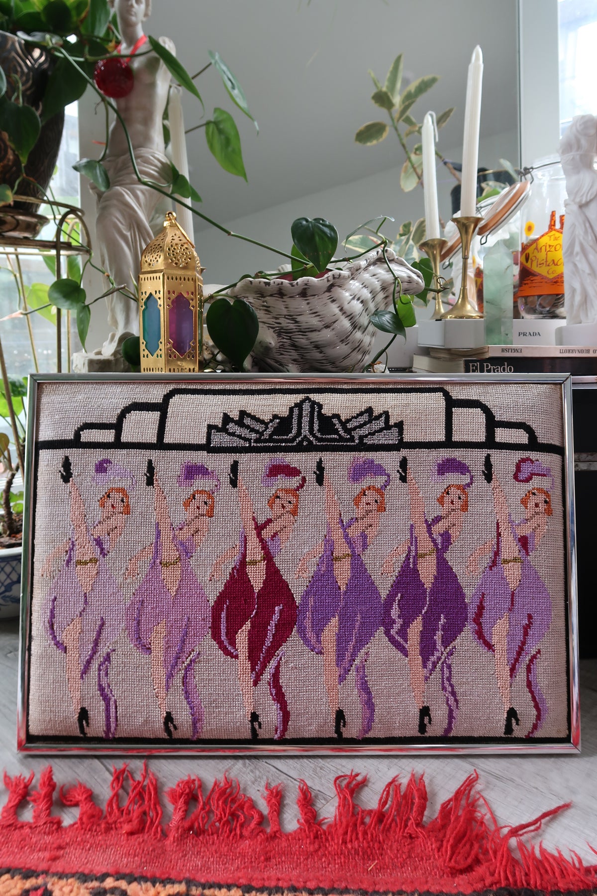 Vintage 1930s-1940s Framed Needlepoint Art – Showgirl Kickline Wall Décor