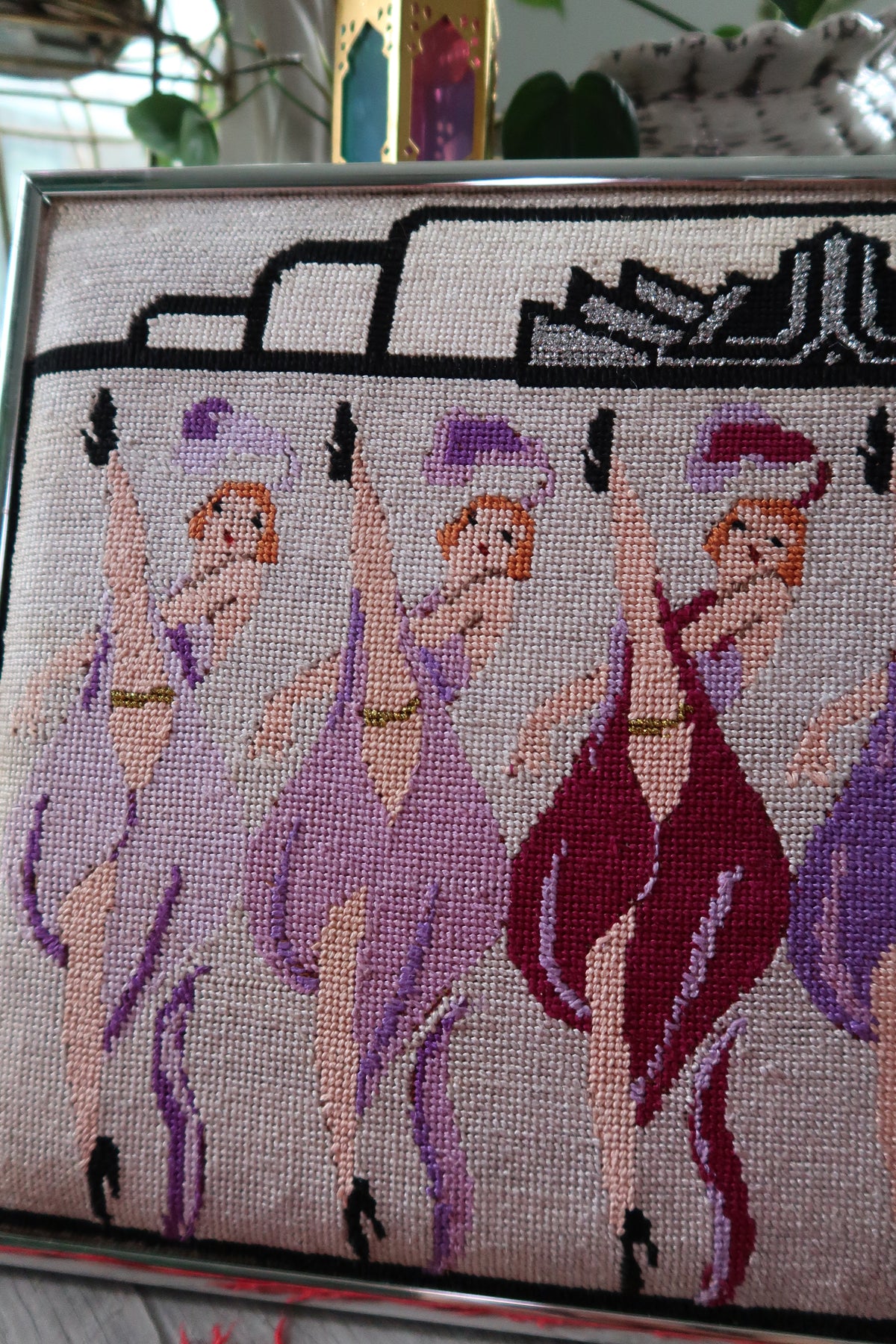 Vintage 1930s-1940s Framed Needlepoint Art – Showgirl Kickline Wall Décor