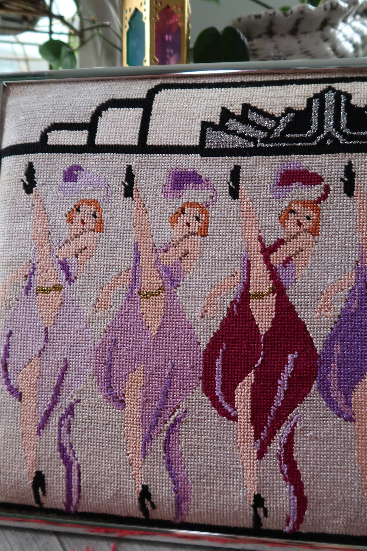 Vintage 1930s-1940s Framed Needlepoint Art – Showgirl Kickline Wall Décor