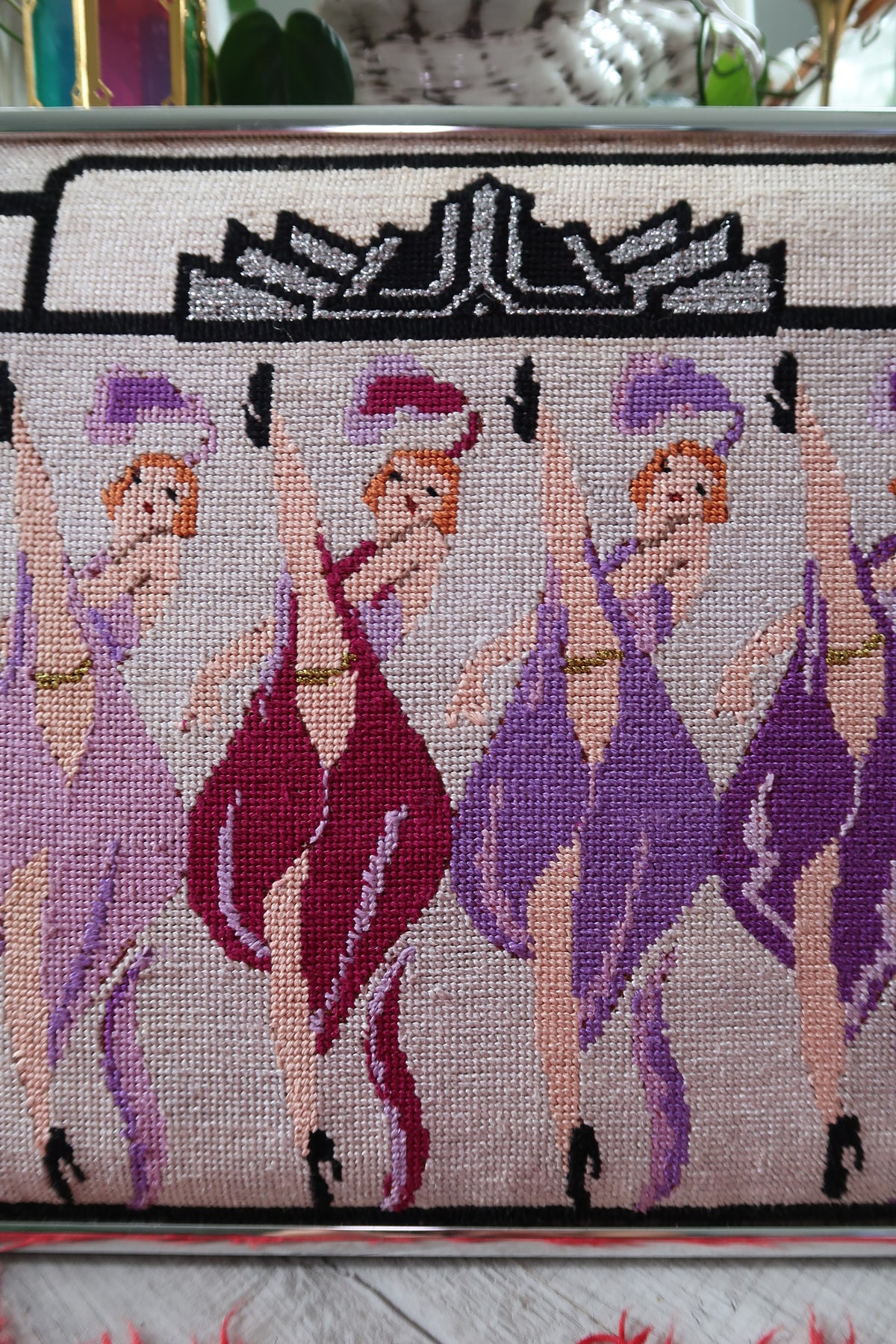 Vintage 1930s-1940s Framed Needlepoint Art – Showgirl Kickline Wall Décor