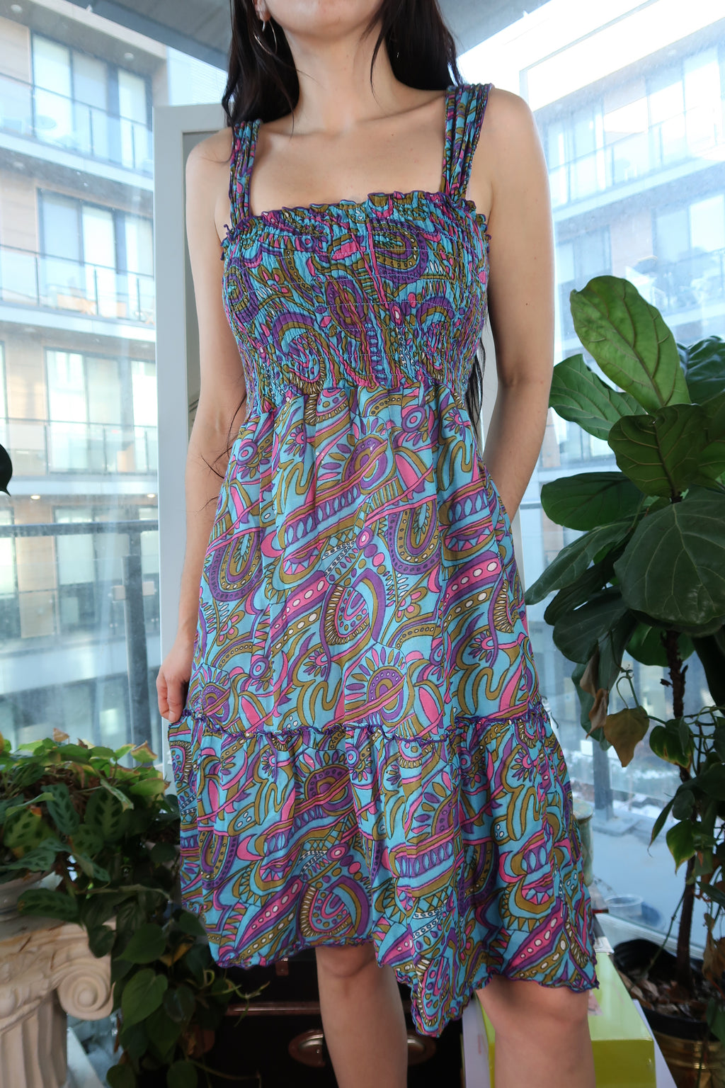 Vintage Y2K Paisley Smocked Sundress – 2000s Boho Festival Mini Dress