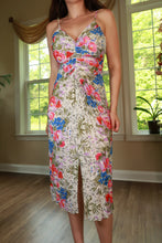 Load image into Gallery viewer, Vintage 70s Frederick's of Hollywood floral ruched midi dress by Elektra Vintage, featuring a colorful floral pattern and ruched details.
