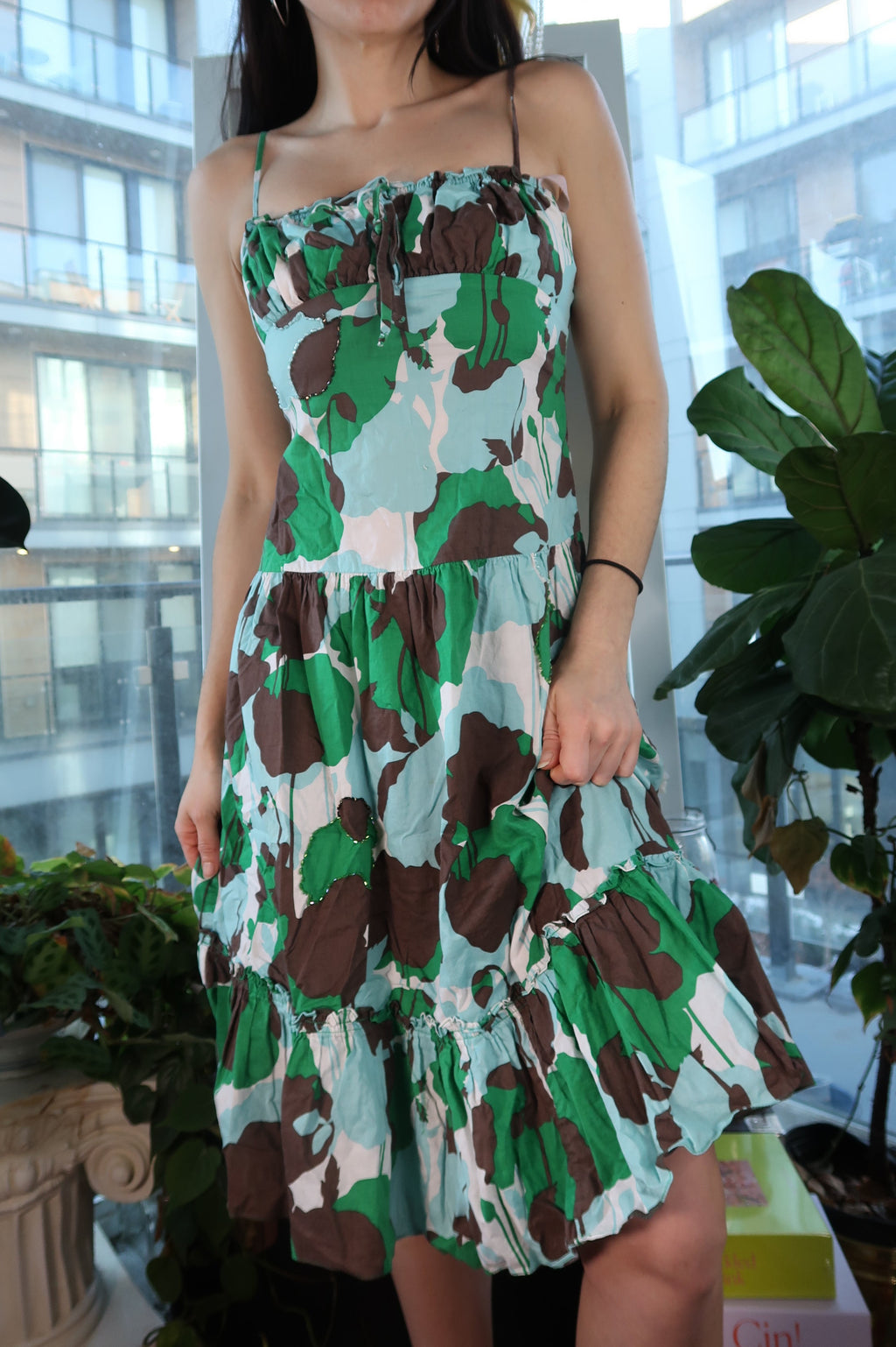Vintage 2000s BCBG floral tiered dress by Elektra Vintage, featuring a colorful floral pattern and tiered design.