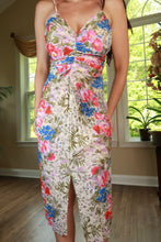 Load image into Gallery viewer, Vintage 70s Frederick's of Hollywood floral ruched midi dress by Elektra Vintage, featuring a fitted waist and floral print.
