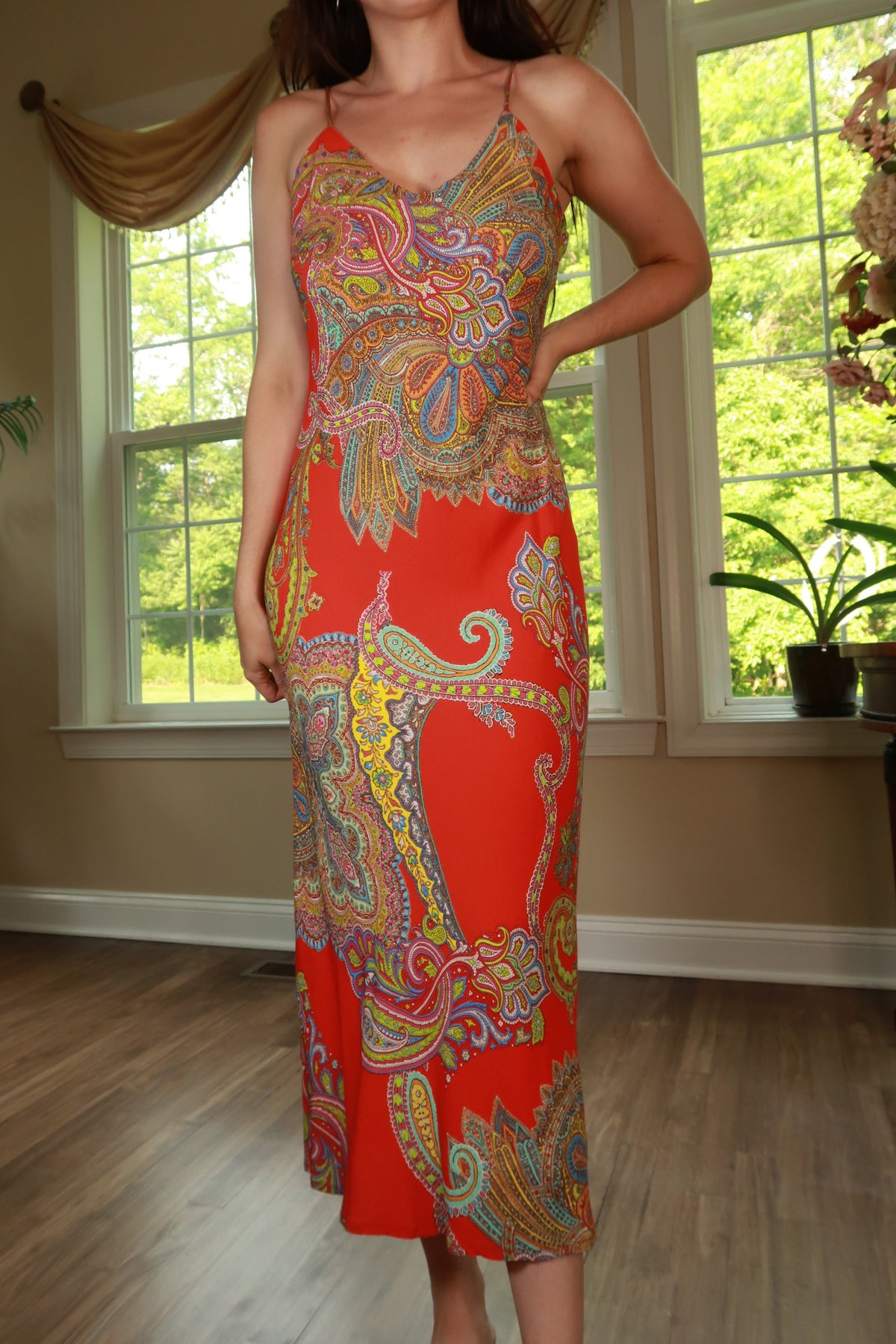 Red paisley print maxi dress by Elektra Vintage featuring a flowing silhouette and bohemian style.