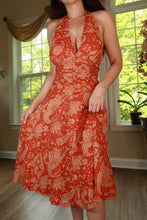Load image into Gallery viewer, 100% Silk Burnt Orange Paisley Halter Dress
