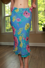 Load image into Gallery viewer, Vintage 2000s Elektra Vintage 100% silk floral bias cut midi skirt, flowing and elegant with a vibrant floral pattern.
