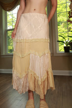 Load image into Gallery viewer, Vintage patchwork lace maxi skirt from Elektra Vintage, featuring intricate lace details and a flowing, full-length design.
