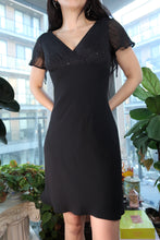 Load image into Gallery viewer, Vintage 90s Black Sequin Sheer Sleeve Mini Dress – Classic Femme Evening Dress
