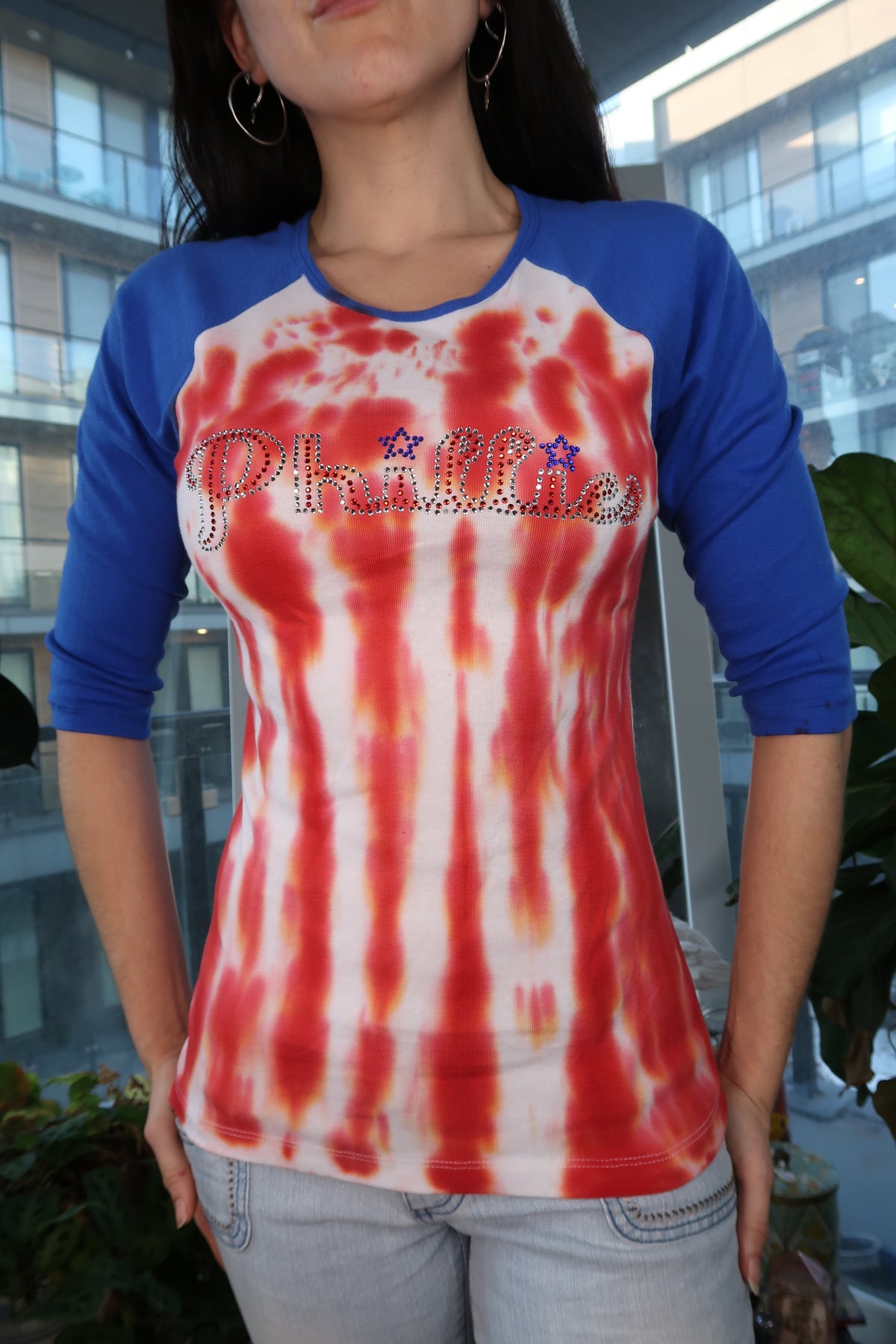 Women's Philadelphia Phillies rhinestone raglan top by Elektra Vintage featuring 2000s style with team logo and sparkling rhinestone details.