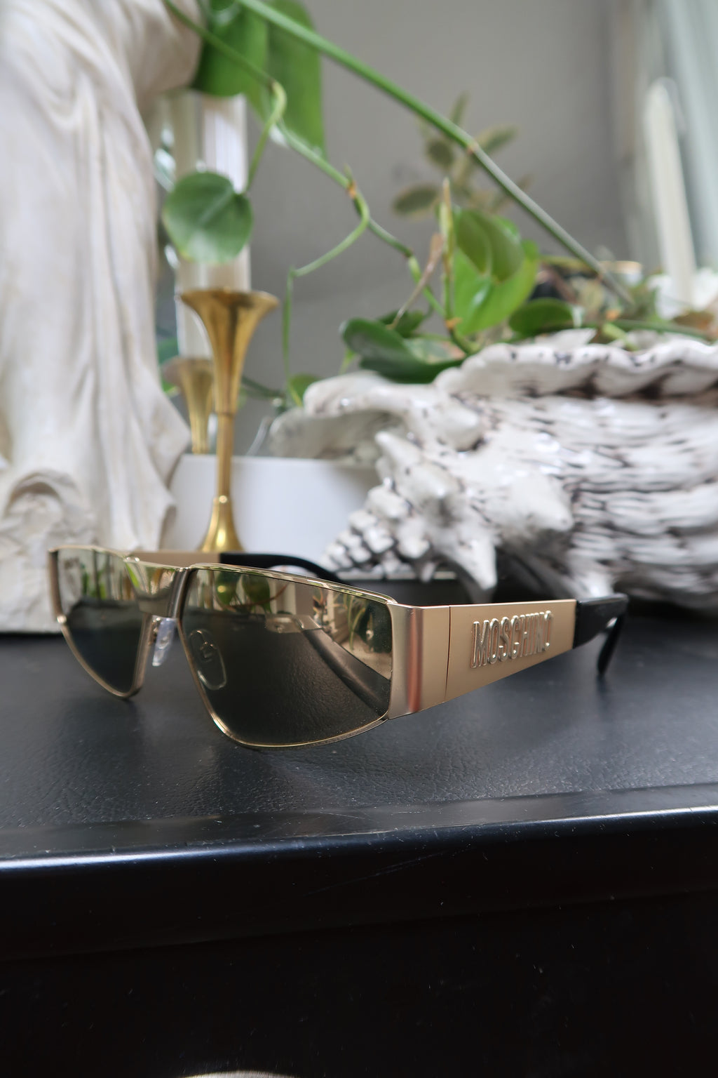 Moschino Gold Shield Sunglasses – Embossed Logo Visor Shades