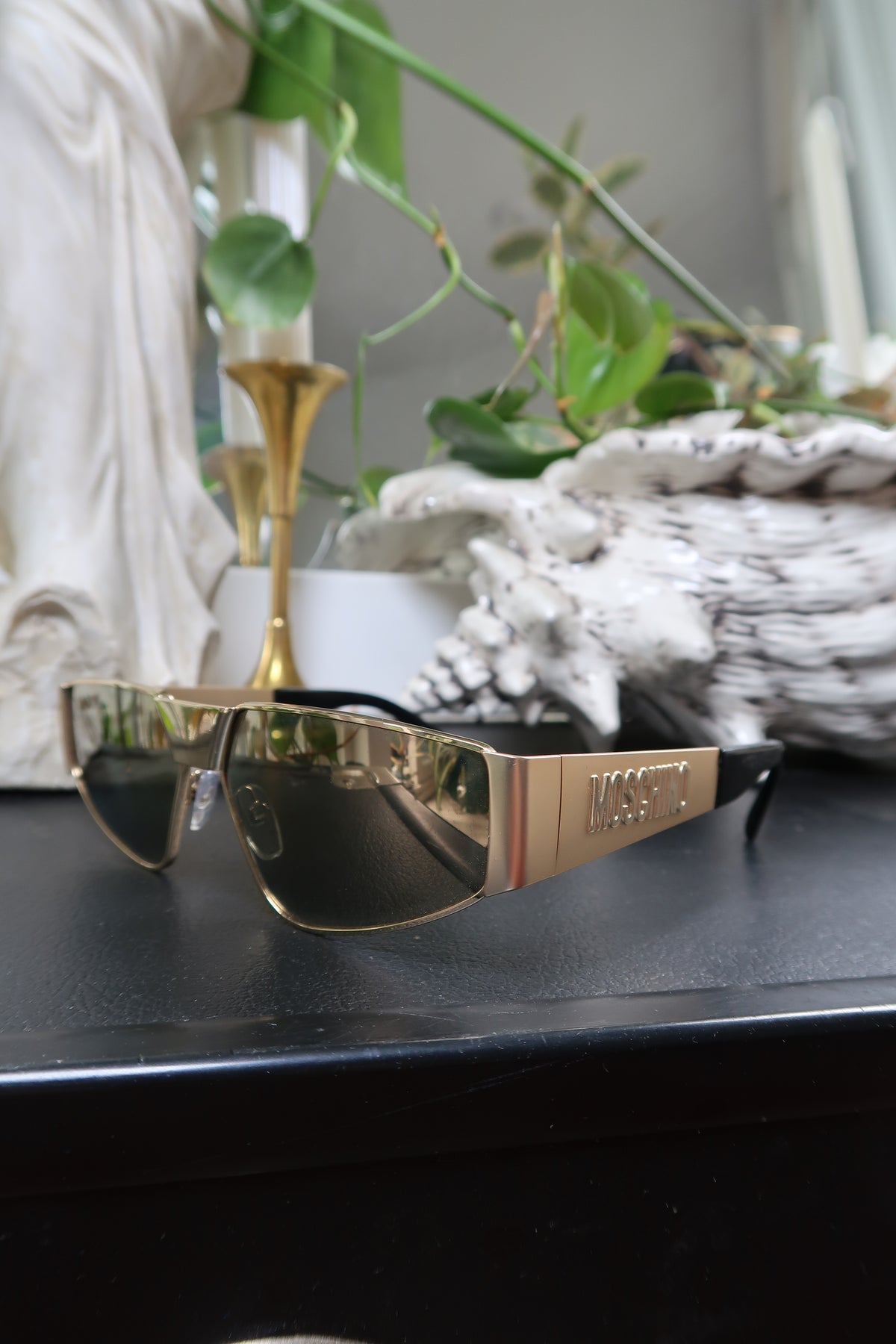 Moschino Gold Shield Sunglasses – Embossed Logo Visor Shades
