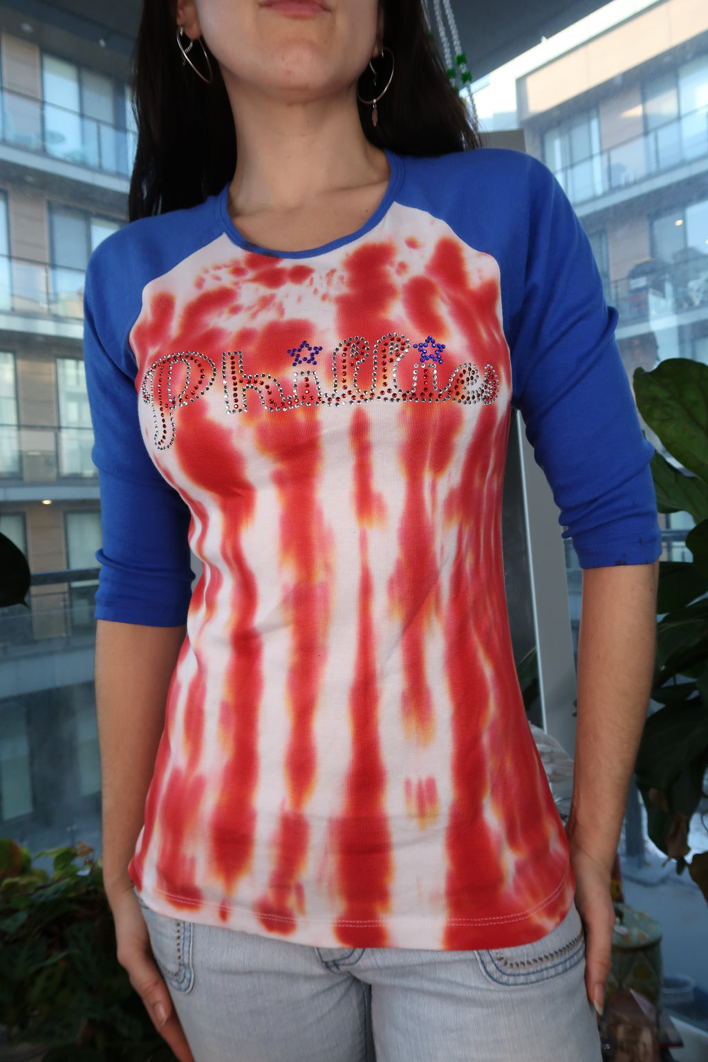 Women's Philadelphia Phillies Rhinestone Raglan Tee by Elektra Vintage, featuring a vintage 2000s baseball team graphic with rhinestone accents.