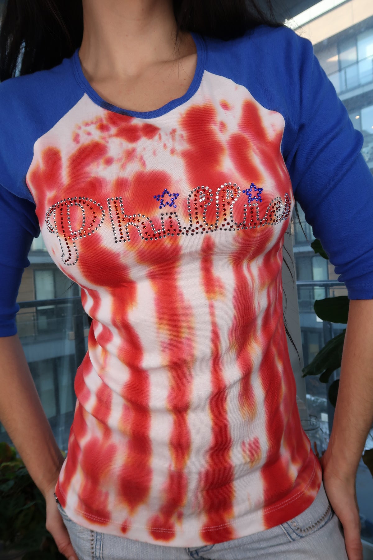 Women's 2000s Philadelphia Phillies Rhinestone Raglan Tee by Elektra Vintage, featuring Phillies logo and rhinestone embellishments.