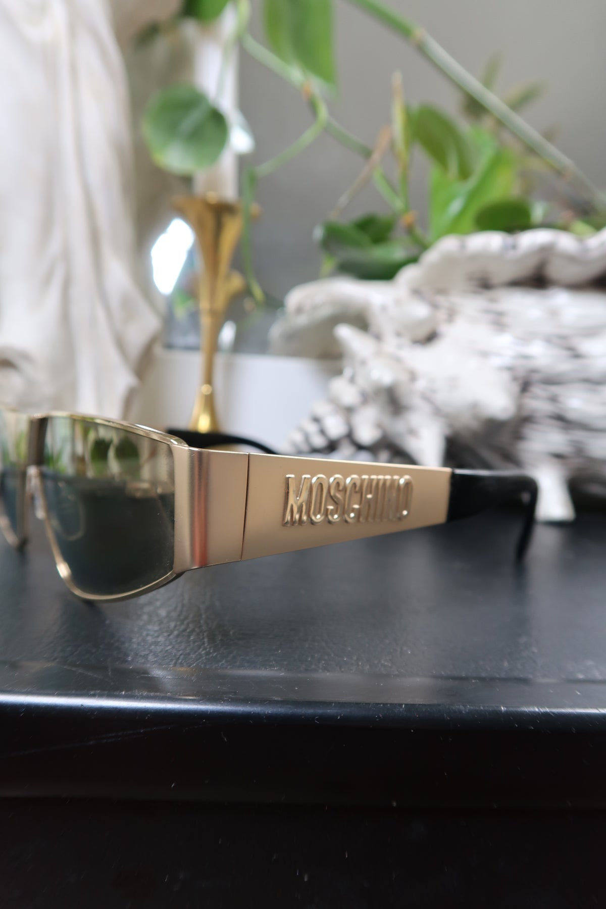 Moschino Gold Shield Sunglasses – Embossed Logo Visor Shades