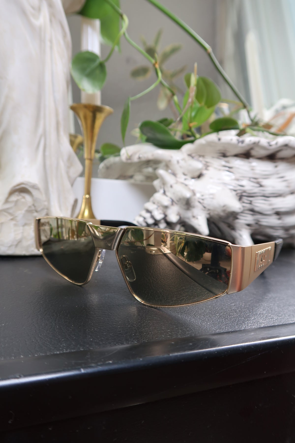 Moschino Gold Shield Sunglasses – Embossed Logo Visor Shades