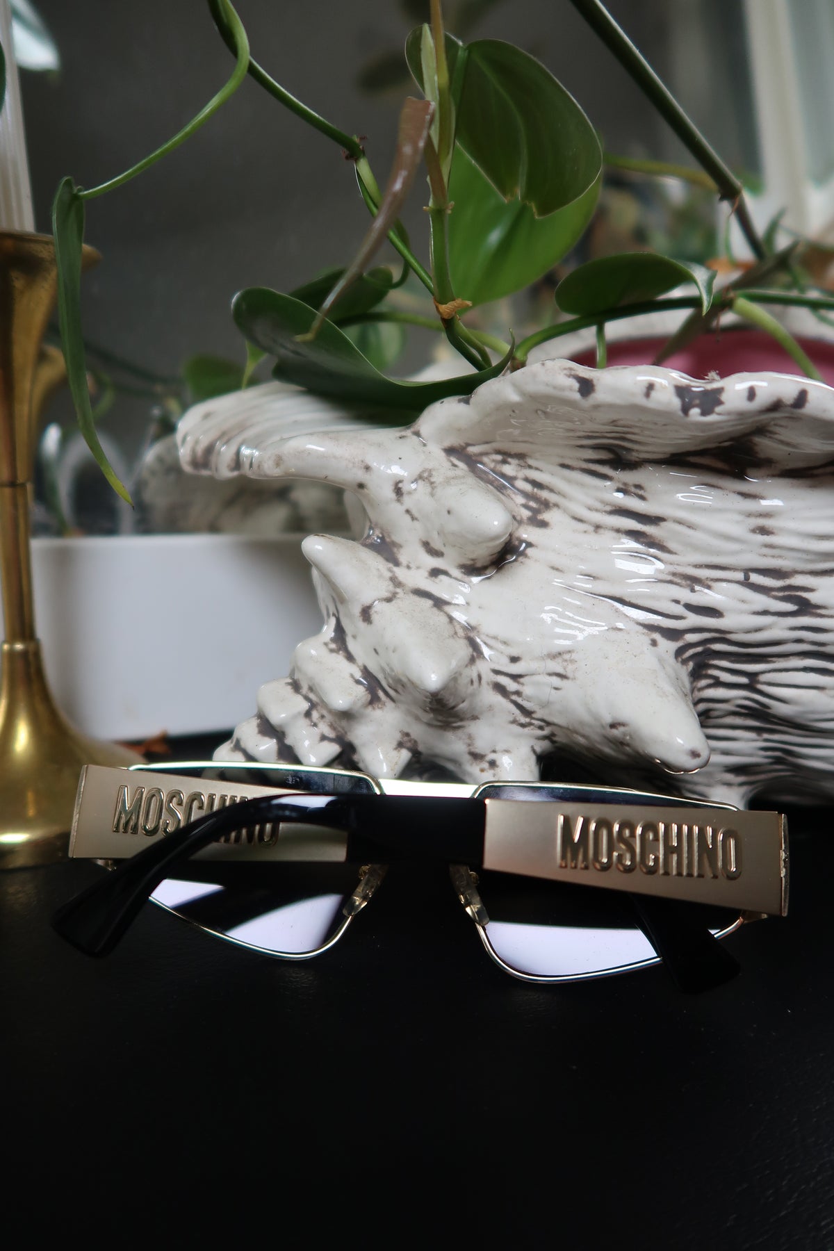 Moschino Gold Shield Sunglasses – Embossed Logo Visor Shades
