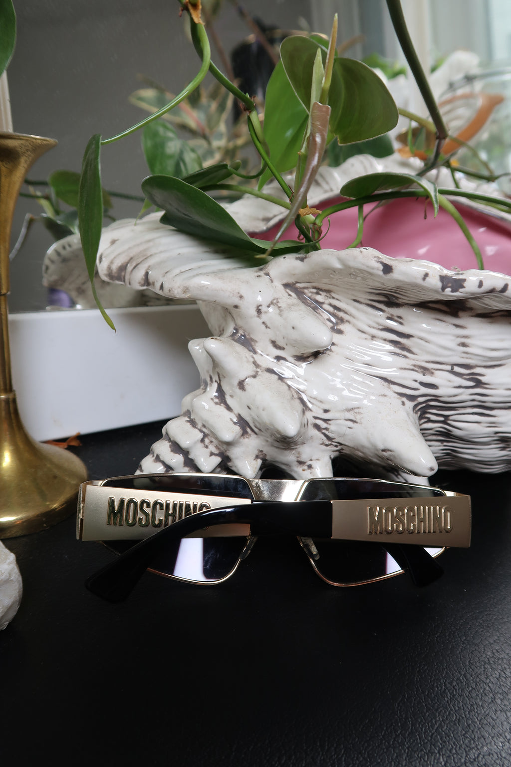 Moschino Gold Shield Sunglasses – Embossed Logo Visor Shades