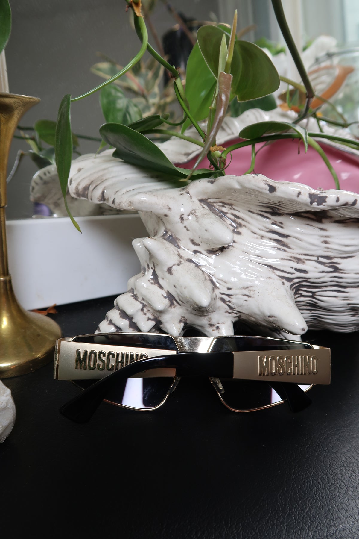 Moschino Gold Shield Sunglasses – Embossed Logo Visor Shades