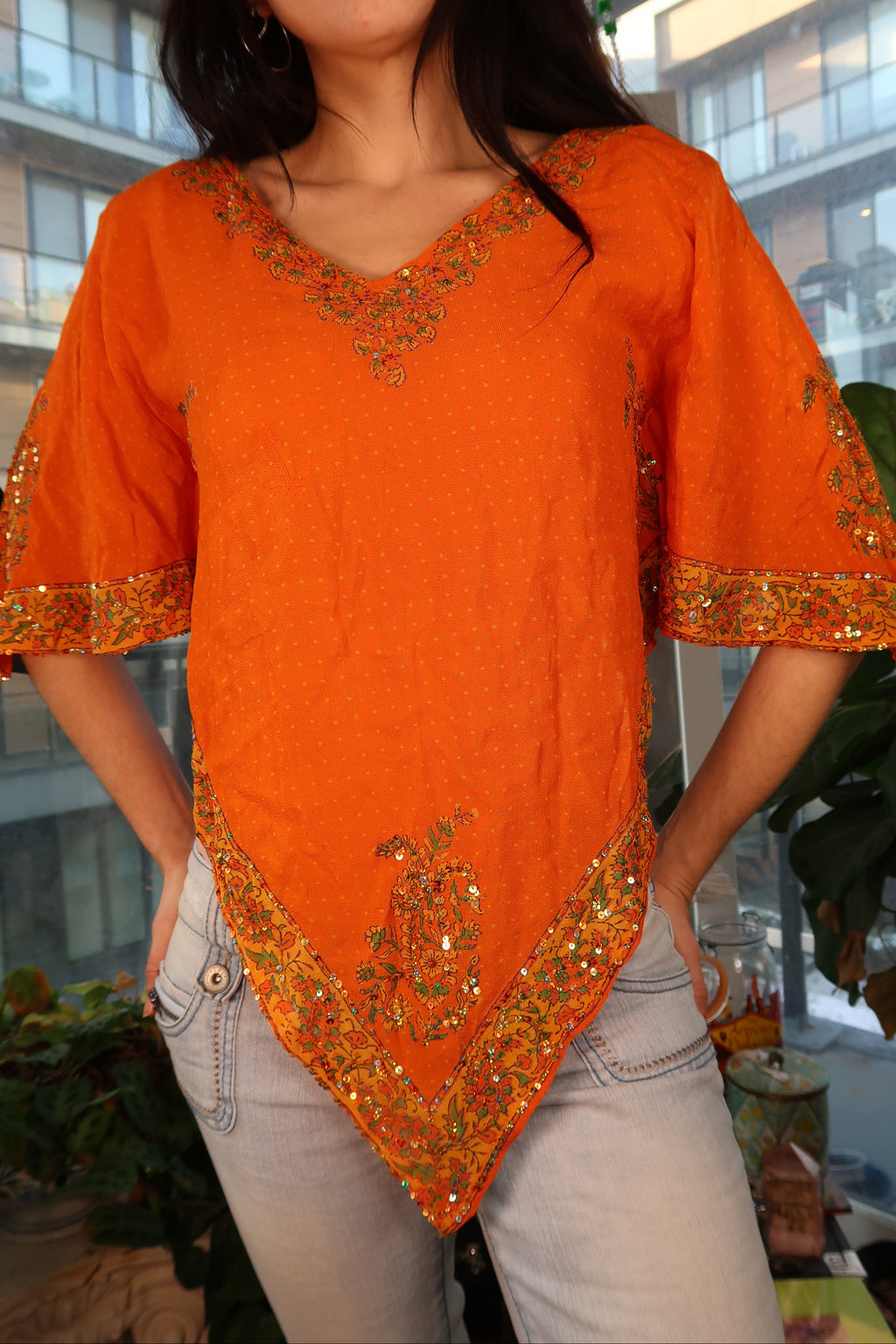 Vintage Silk Sequin Embellished Top – Orange Beaded Boho Statement Blouse