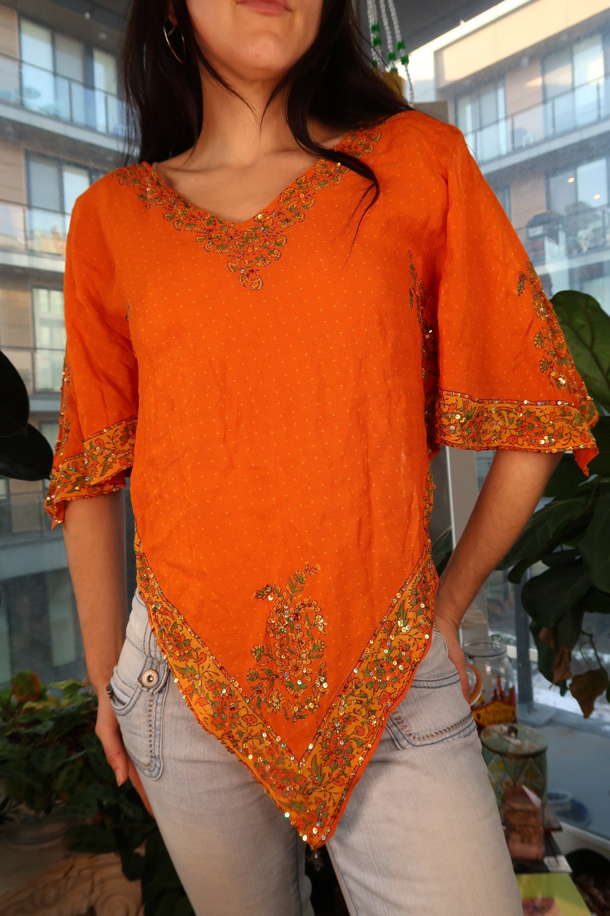 Vintage Silk Sequin Embellished Top – Orange Beaded Boho Statement Blouse