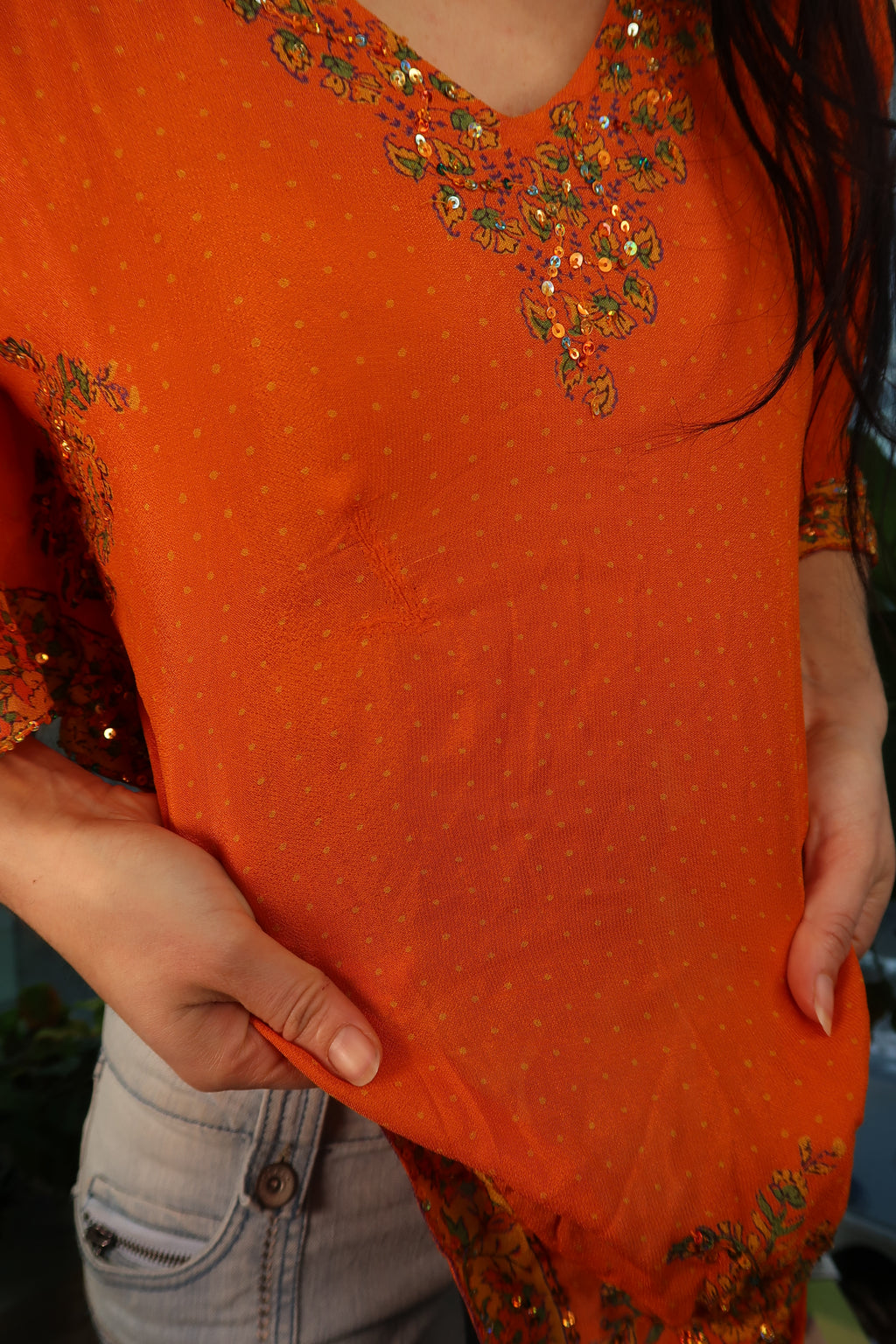 Vintage Silk Sequin Embellished Top – Orange Beaded Boho Statement Blouse
