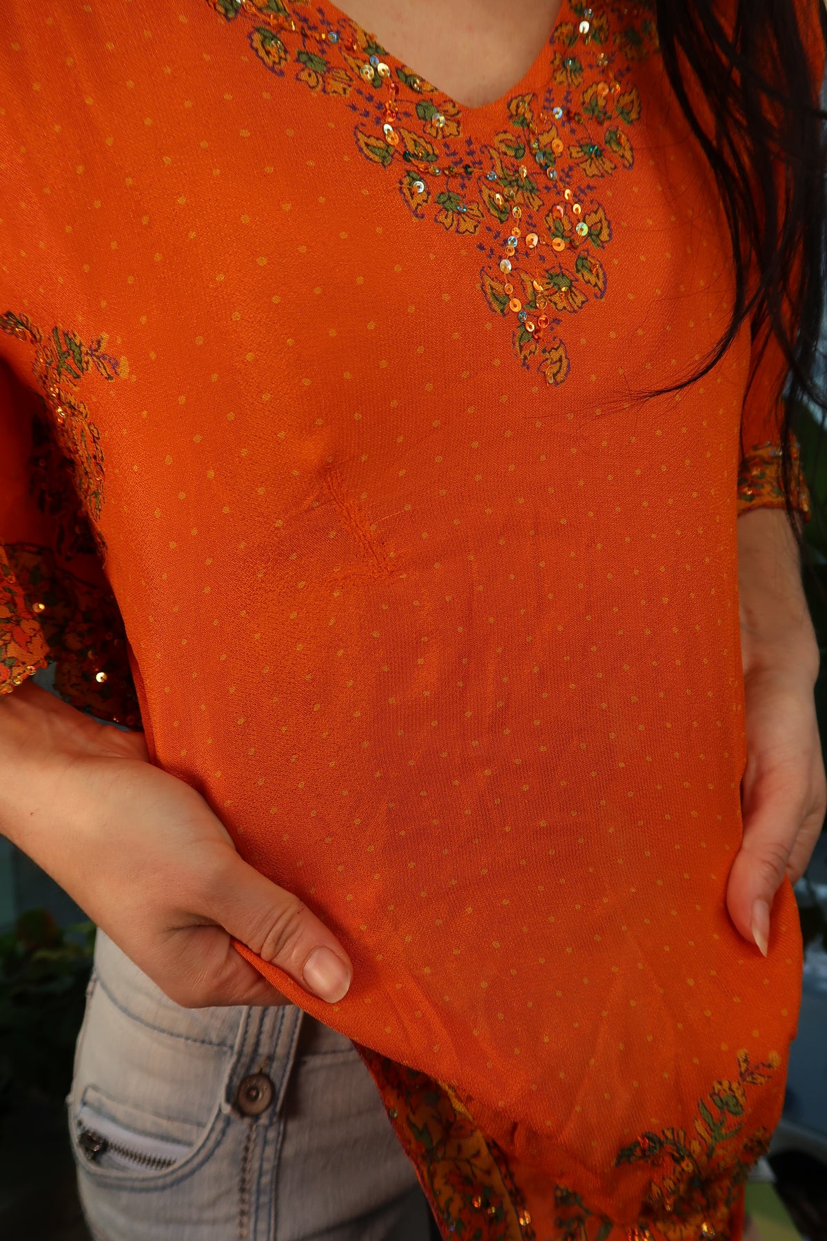 Vintage Silk Sequin Embellished Top – Orange Beaded Boho Statement Blouse