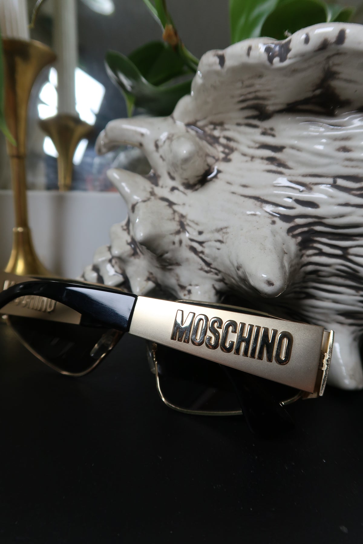 Moschino Gold Shield Sunglasses – Embossed Logo Visor Shades