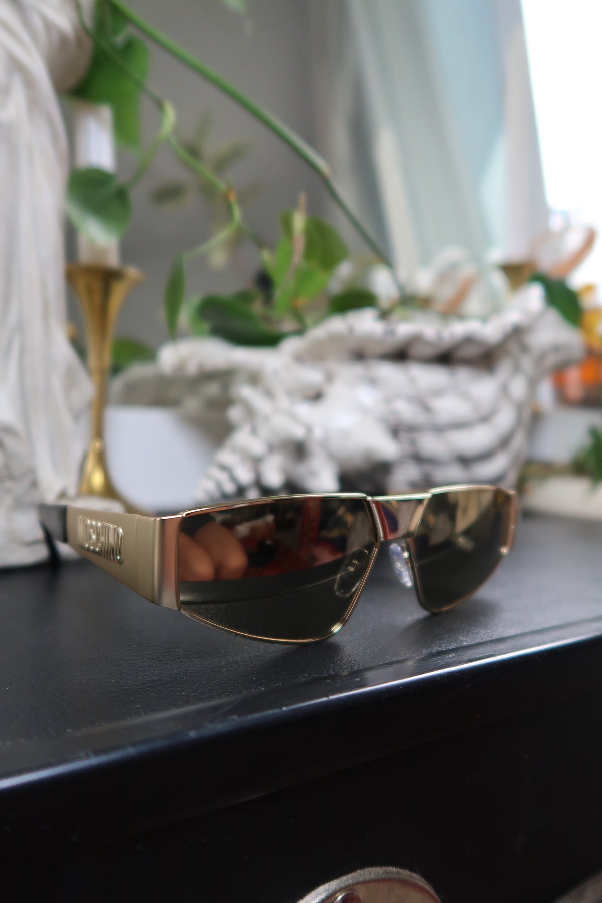 Moschino Gold Shield Sunglasses – Embossed Logo Visor Shades