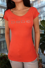 Load image into Gallery viewer, Vintage Y2K Bebe Rhinestone Logo Top – 2000s Fitted Coral Tee
