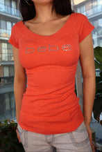 Load image into Gallery viewer, Vintage Y2K Bebe Rhinestone Logo Top – 2000s Fitted Coral Tee
