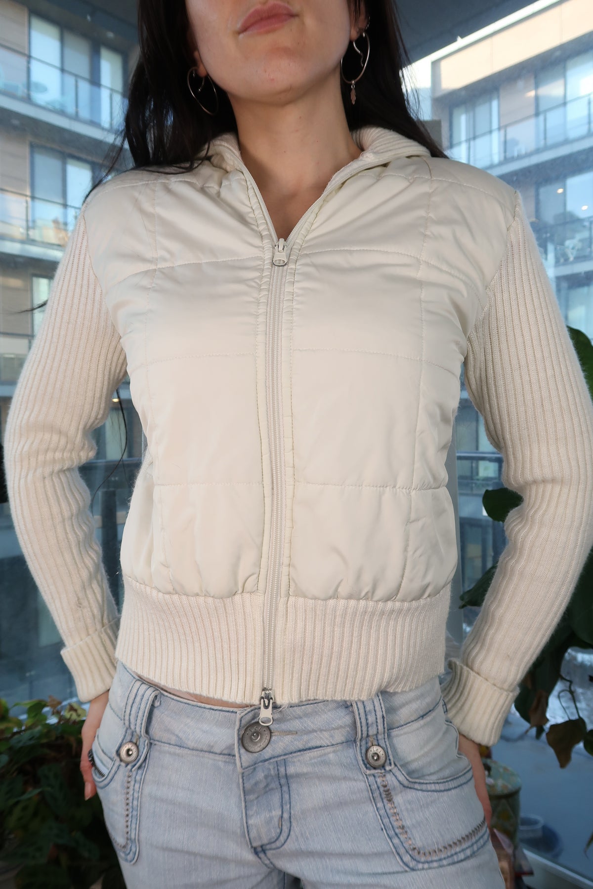 Vintage 2000s Say What Cream Zip-Up Knit & Puffer Jacket