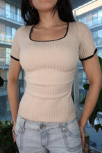 Load image into Gallery viewer, Vintage 90s–2000s Beige Ribbed Knit Top – Square Neck Contrast Trim Knit Top
