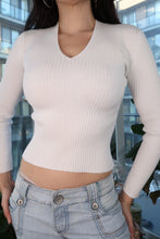 Load image into Gallery viewer, Vintage Y2K White Ribbed V-Neck Knit Top – 2000s Fitted Long Sleeve
