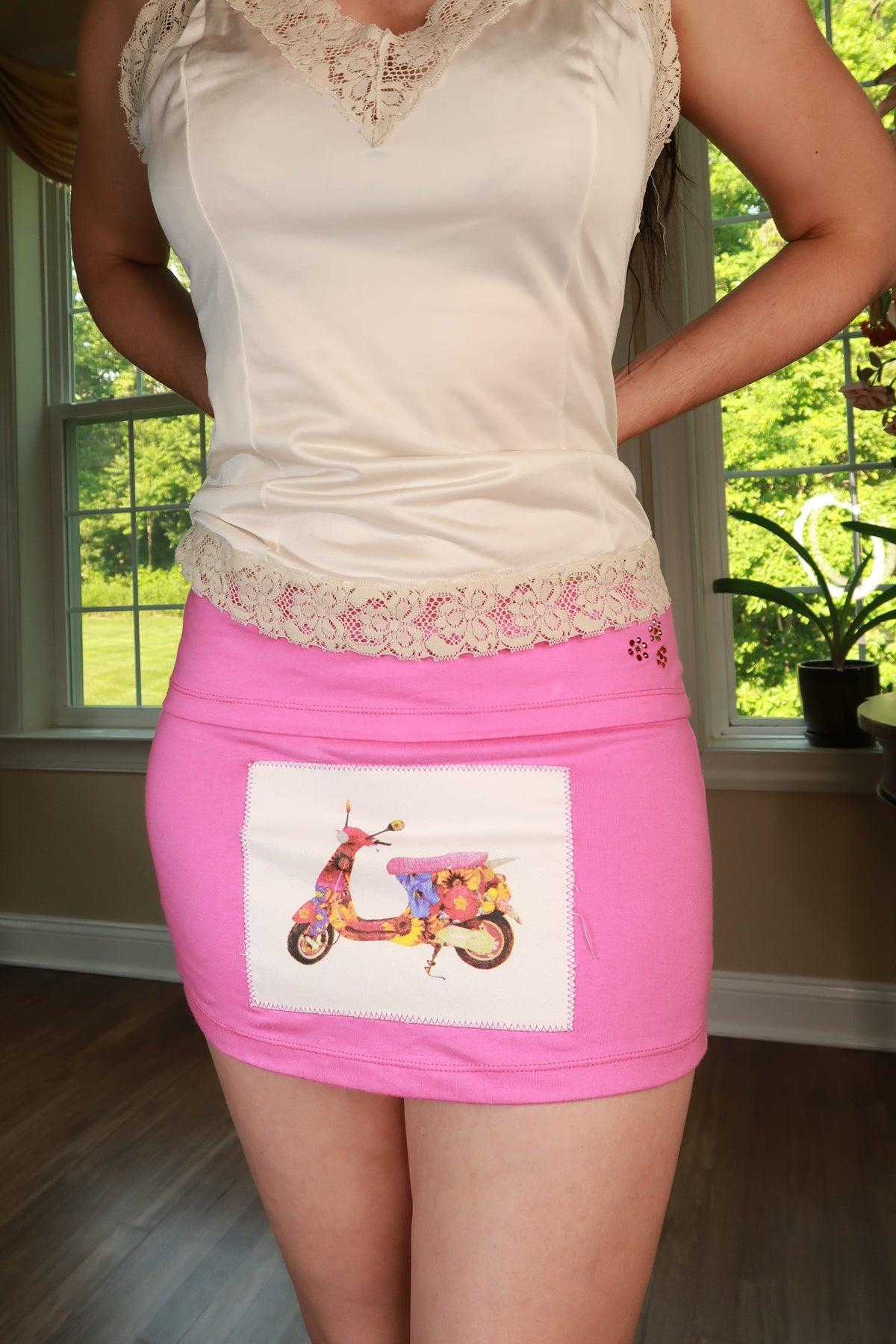 Vintage 2000s Pink Scooter Graphic Mini Skirt