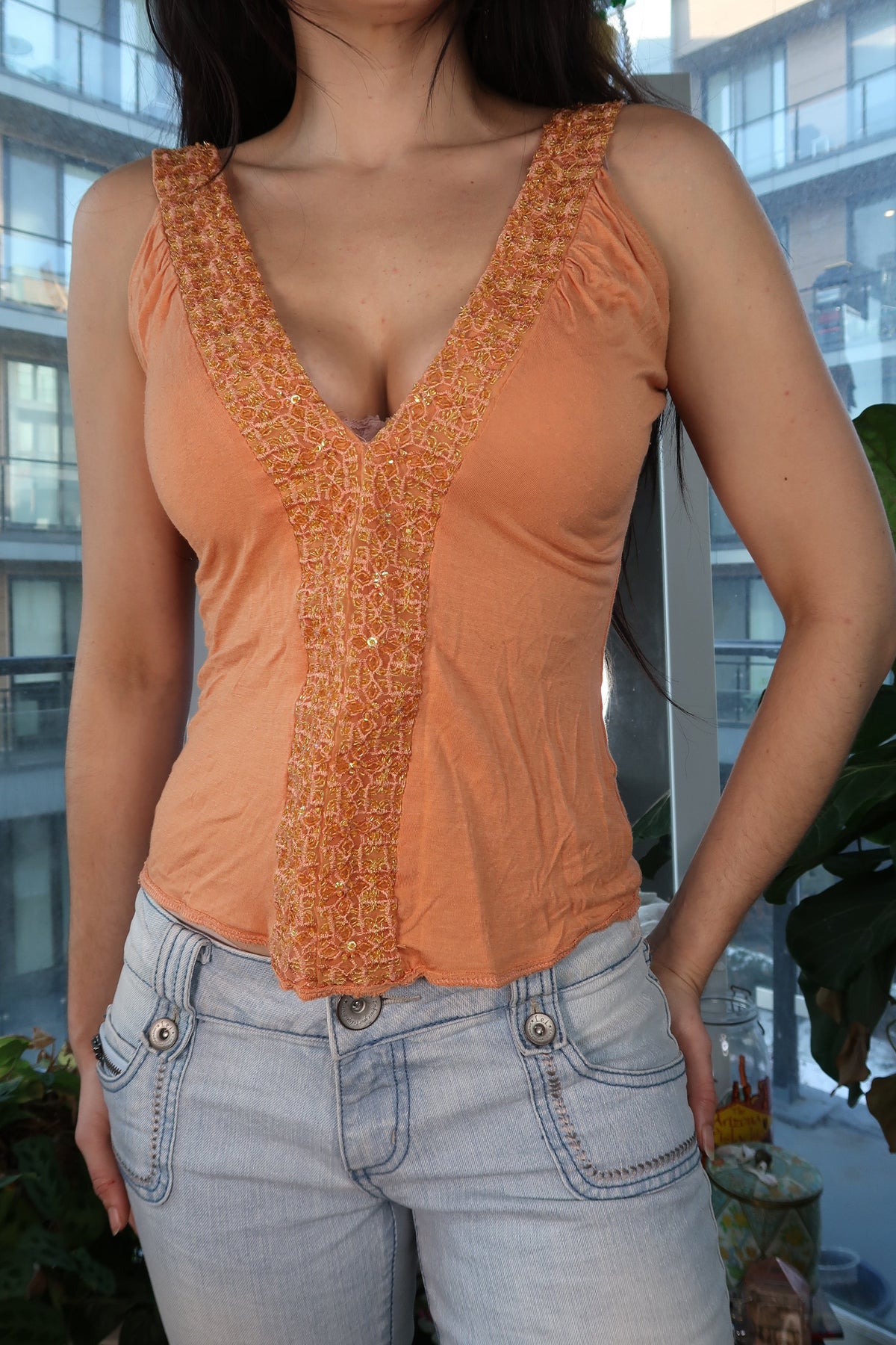 Vintage Y2K Peach Sequin & Embroidered V-Neck Tank Top - Elektra Vintage