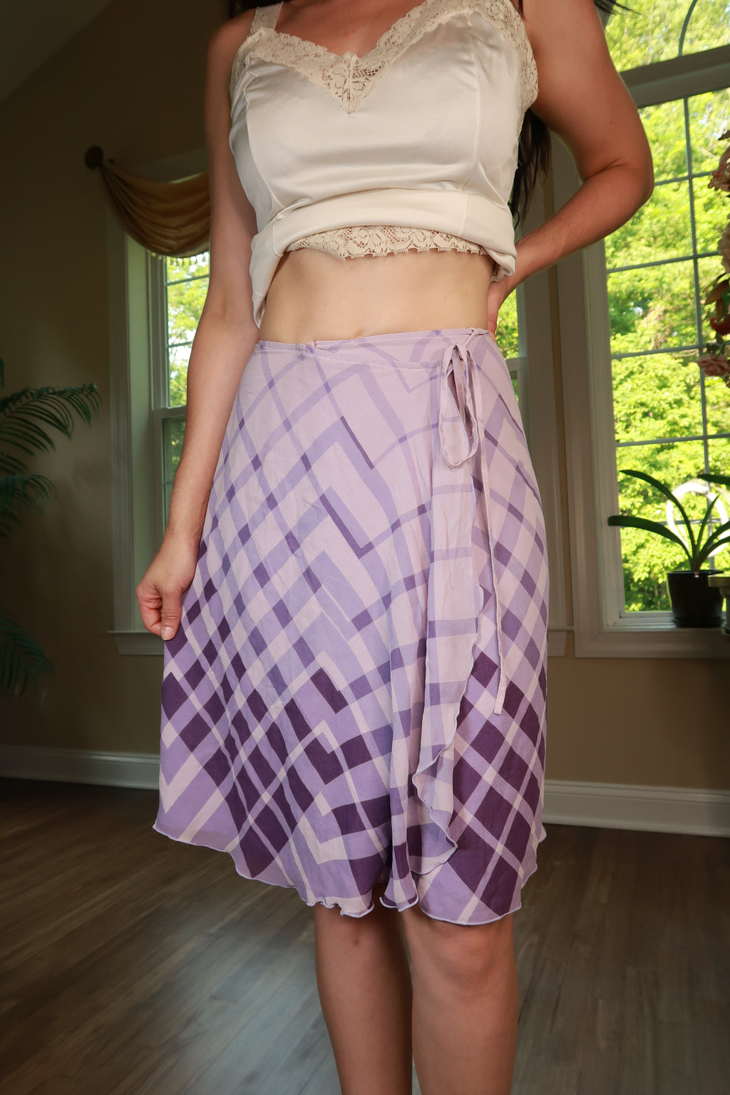 Vintage 2000s lavender silk plaid wrap midi skirt by Elektra Vintage, showcasing the soft fabric and stylish design.