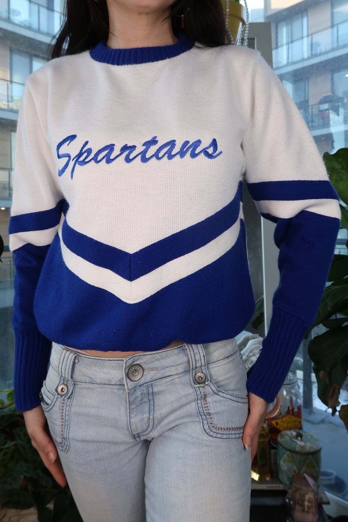 Vintage Cheerleading Knit Sweater – Blue & White “Spartans” Pullover