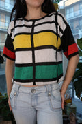 Vintage 80s Colorblock Mod Knit Top – Graphic Short Sleeve Sweater