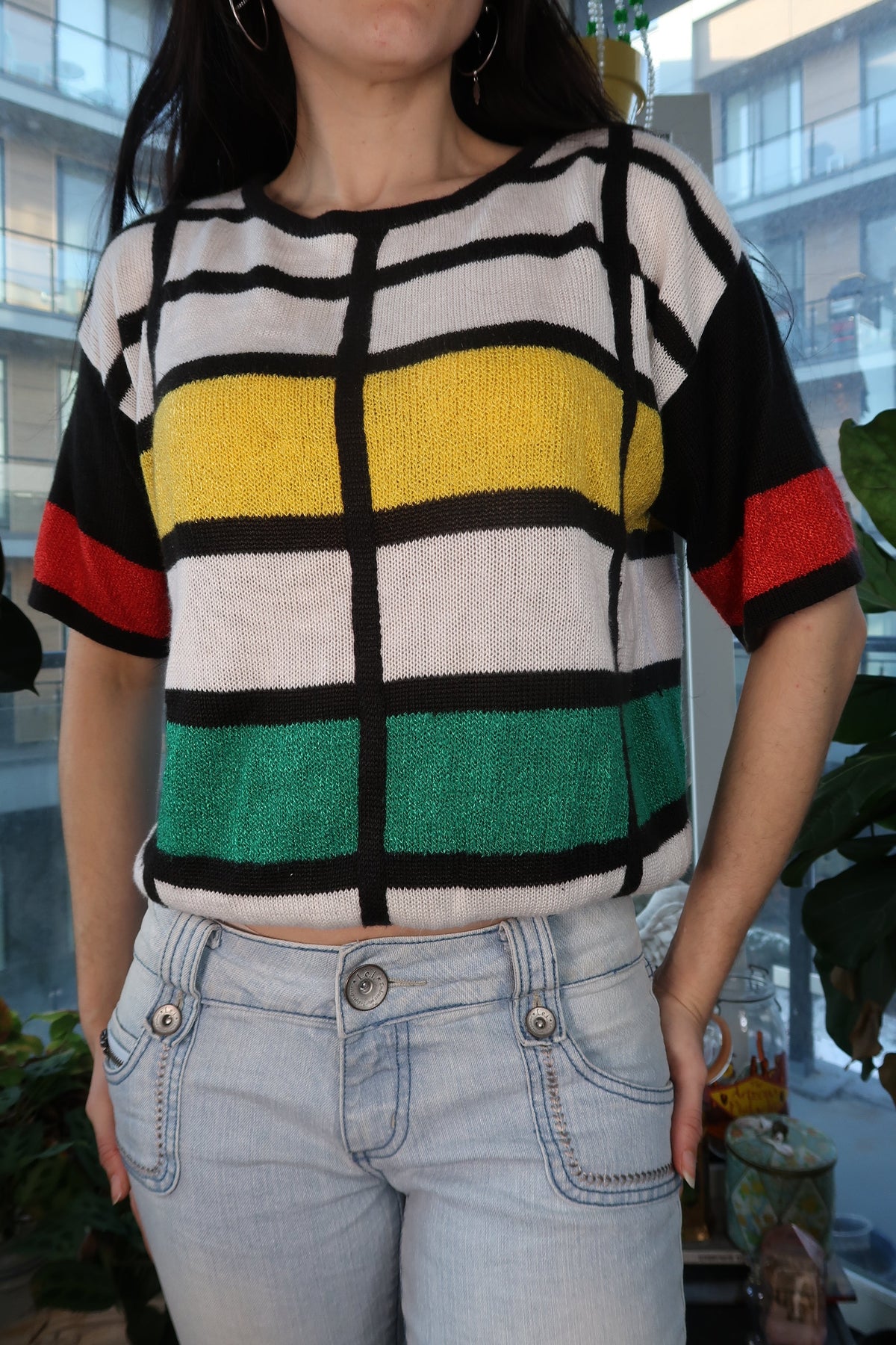 Vintage 80s Colorblock Mod Knit Top – Graphic Short Sleeve Sweater