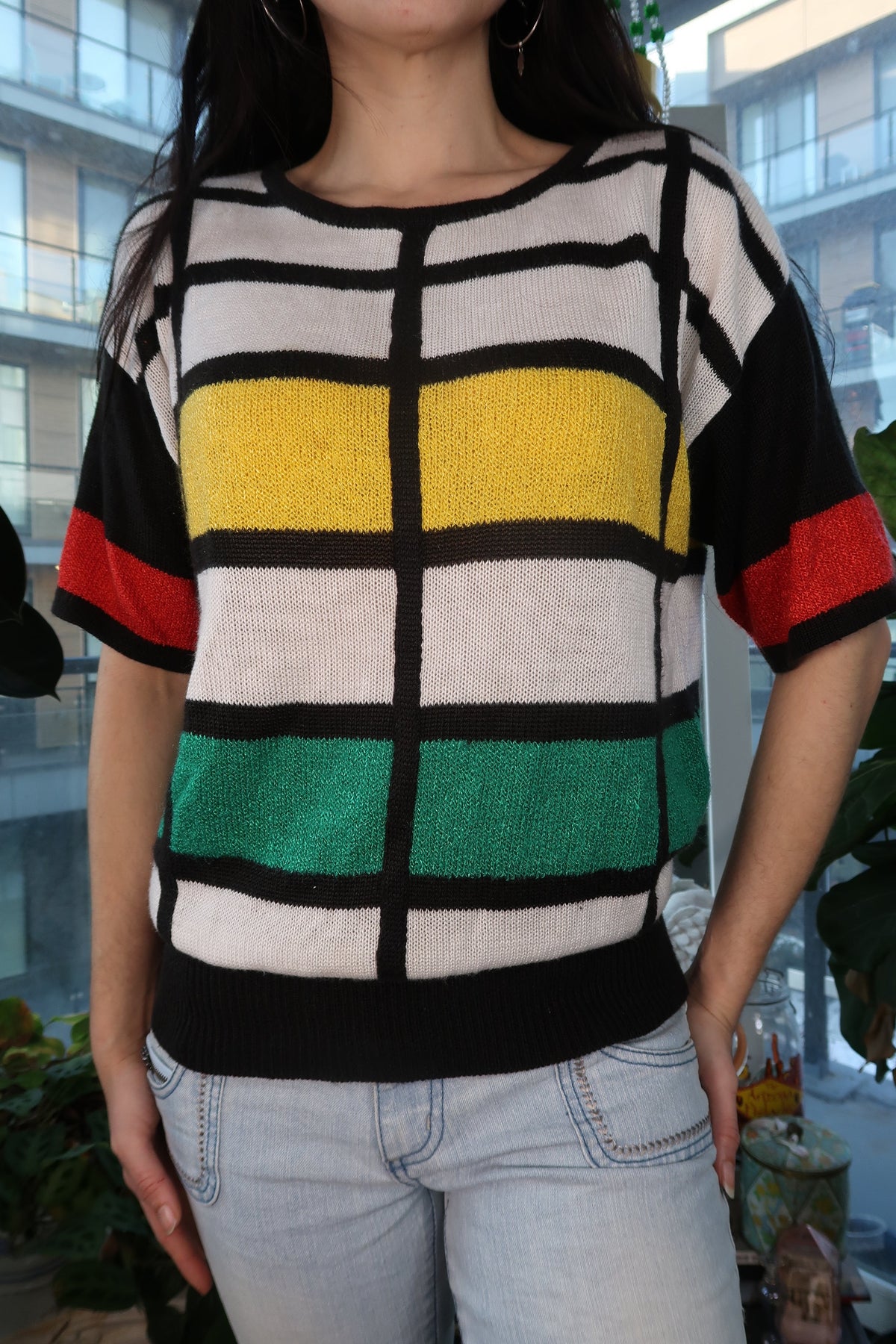 Vintage 80s Colorblock Mod Knit Top – Graphic Short Sleeve Sweater