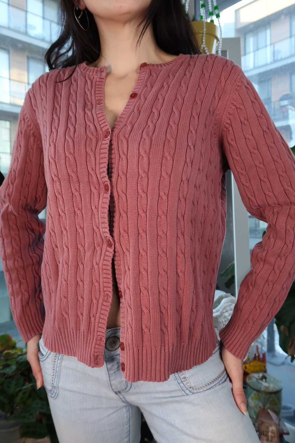 Vintage 90s Eddie Bauer Cable Knit Cardigan – Dusty Rose Button-Up Sweater