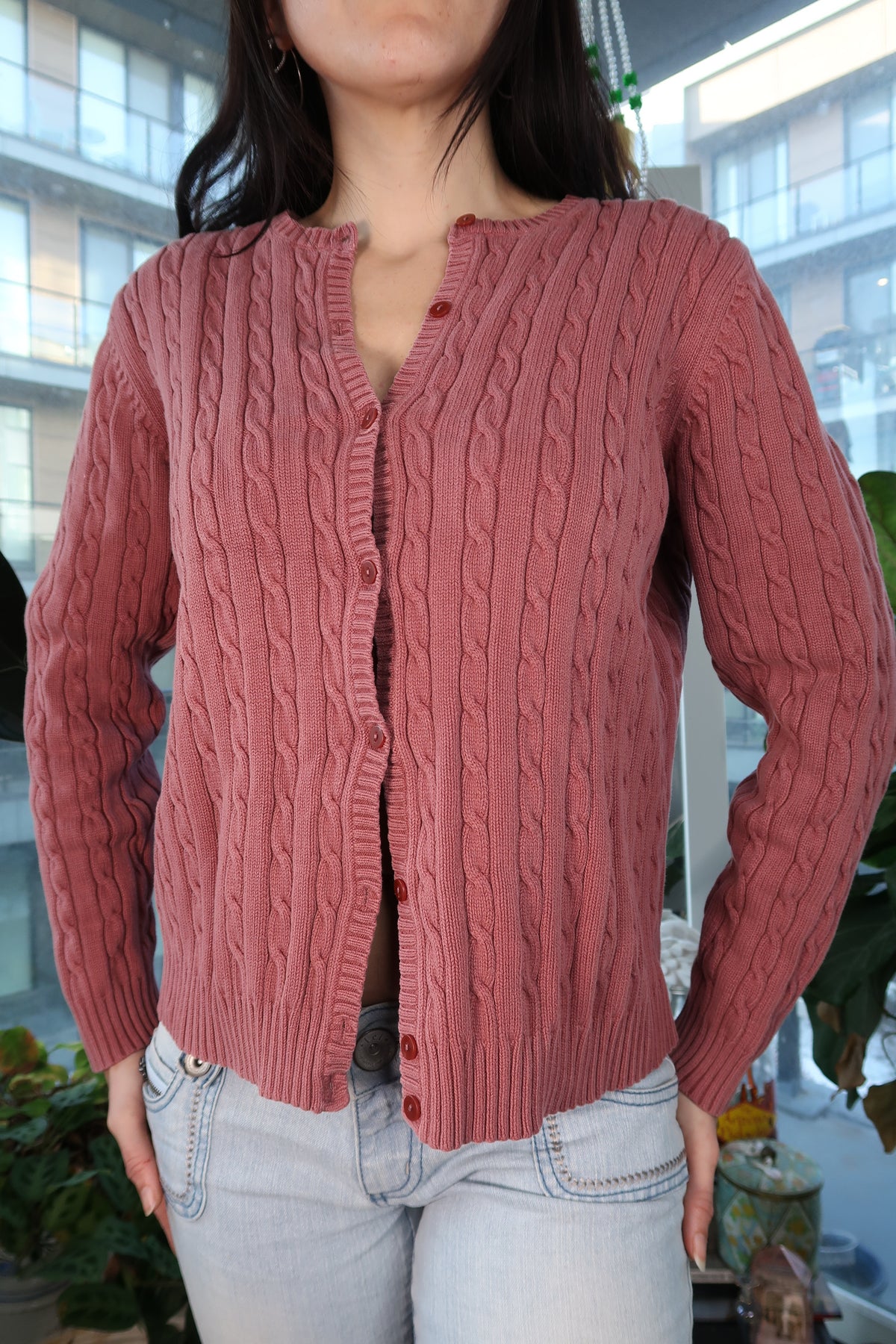 Vintage 90s Eddie Bauer Cable Knit Cardigan – Dusty Rose Button-Up Sweater