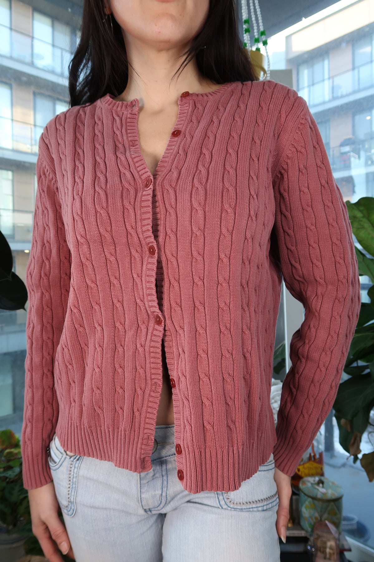 Vintage 90s Eddie Bauer Cable Knit Cardigan – Dusty Rose Button-Up Sweater