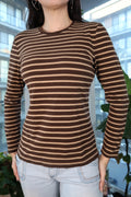 Vintage Y2K Ralph Lauren Striped Top – 2000s Brown Long Sleeve