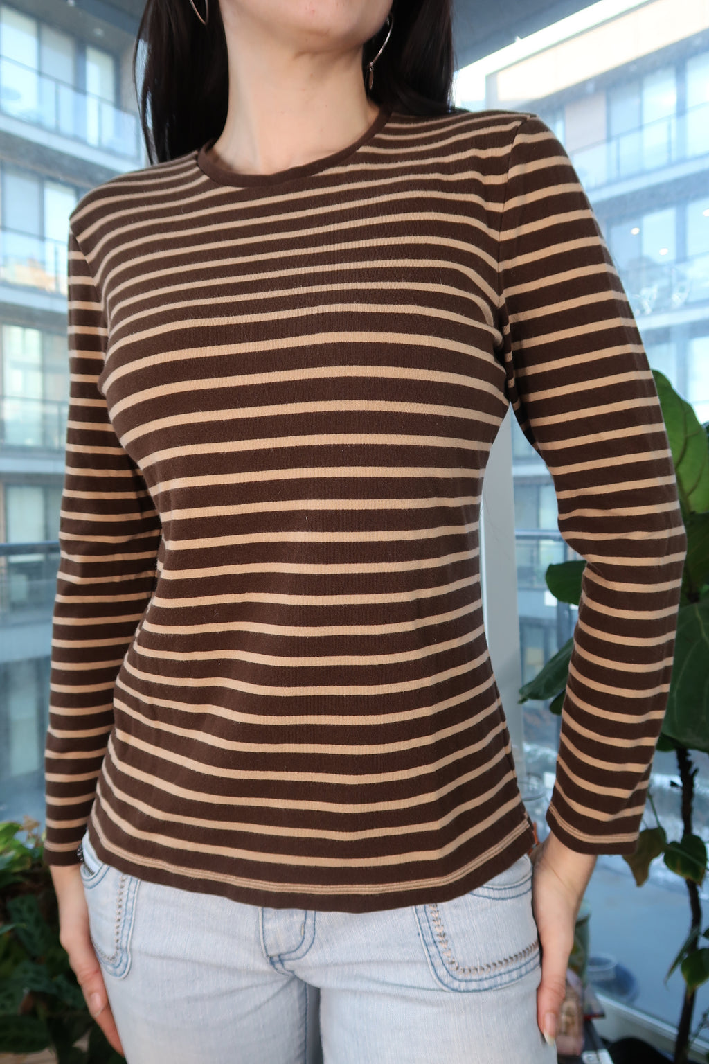 Vintage Y2K Ralph Lauren Striped Top – 2000s Brown Long Sleeve