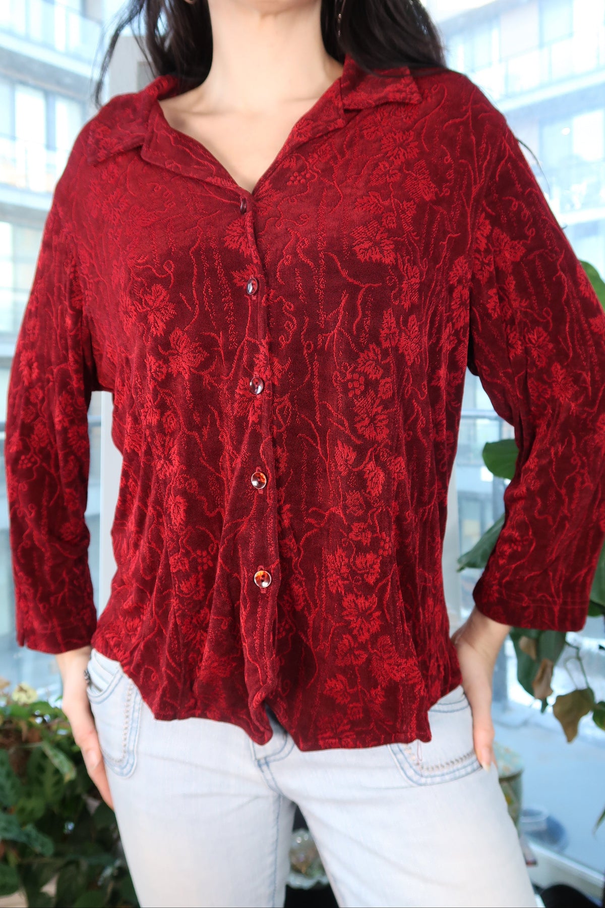 Vintage 90s Slinky Red Floral Button-Front Top – Romantic Minimal Blouse