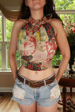 Load image into Gallery viewer, Elektra Vintage women's 2000s floral patchwork halter top with tie-back design, featuring vibrant flower patterns and retro style.
