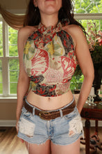 Load image into Gallery viewer, Women's vintage 2000s floral patchwork halter top with tie back from Elektra Vintage, featuring colorful floral patterns and retro style.
