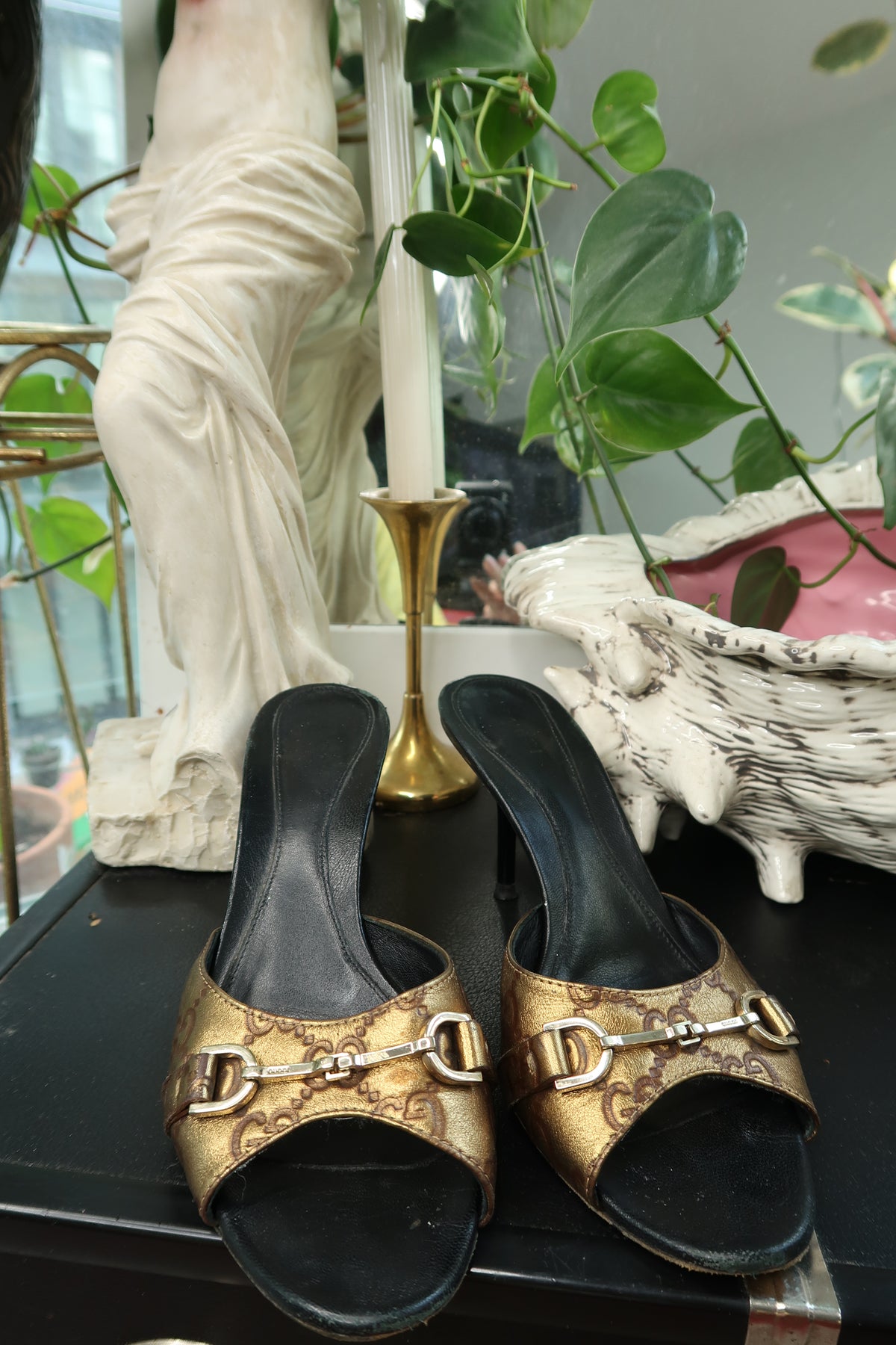 Vintage Gucci GG Monogram Horsebit Mules – Metallic Gold & Black